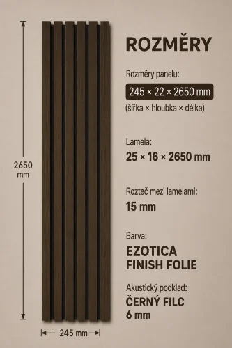 Akustický panel ACOUSTIC LINE - ezotica | černá, 2650 x 245 x 22 mm, lamely MDF + FINISH FOLIE, akustický podklad FILC