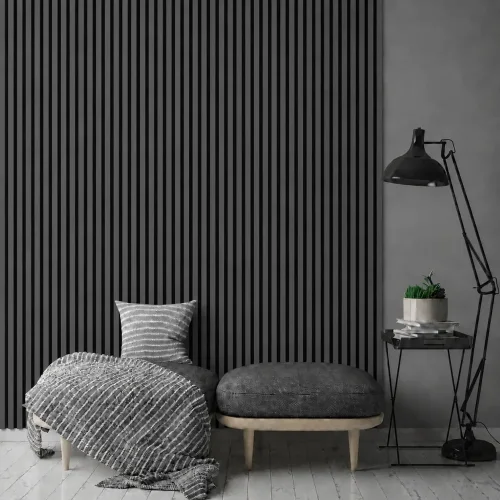 Drevené lamely ÚZKE na ČIERNEJ doske (MDF), GRAFIT (ANTRACIT), FINISH FÓLIA, 24 x 300 x 2750 mm (0,825 m2)