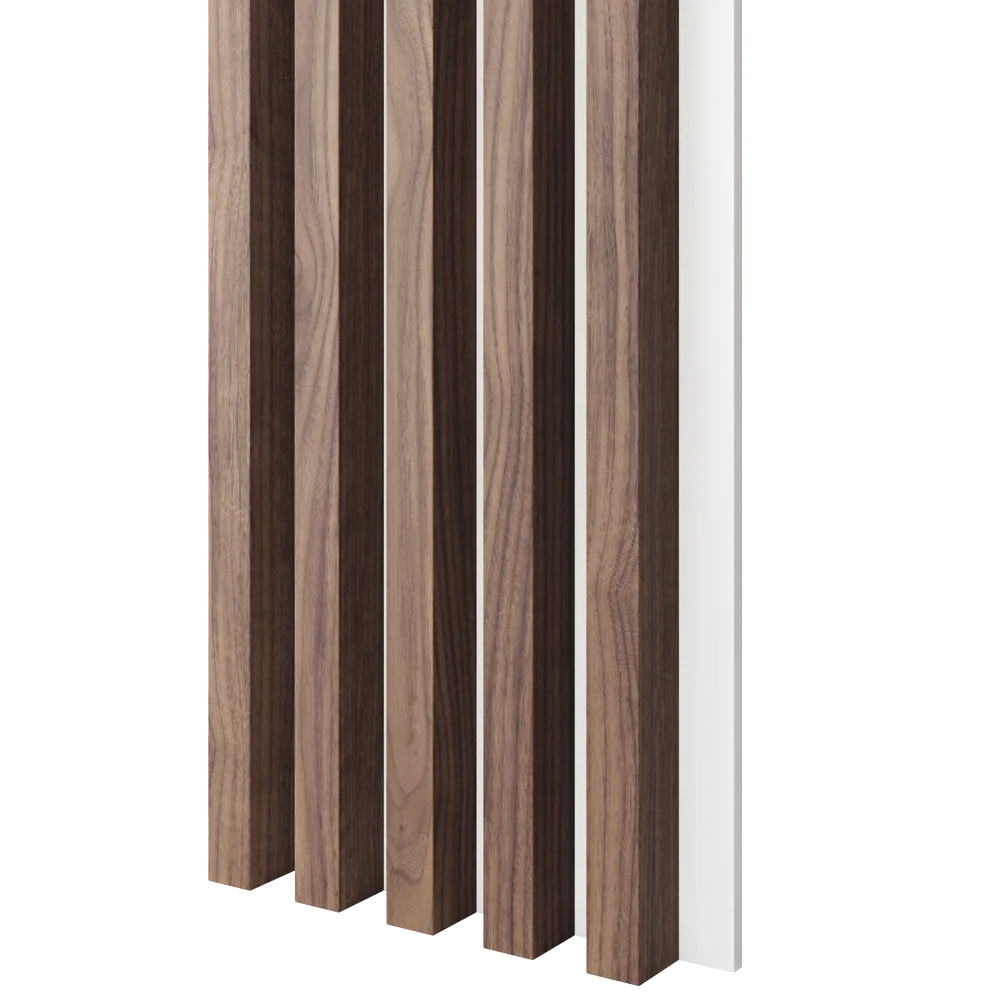 Dřevěné lamely ŠIROKÉ na BÍLÉ desce (MDF), OŘECH DÝHA, 46 x 300 x 2750 mm (0,825 m2)