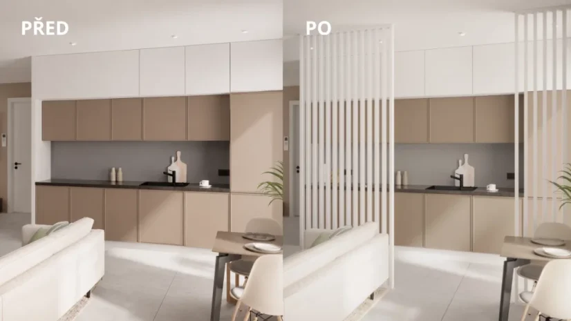 Dělící lamelová stěna - BÍLÁ, (kompletní sada), MDF + FINISH FOLIE, 29 předpřipravených šířek od 510 do 2750 mm, libovolná výška (maximálně 2750 mm), 70 mm tloušťka příčky - Typ lamel: Kolmo k základně
