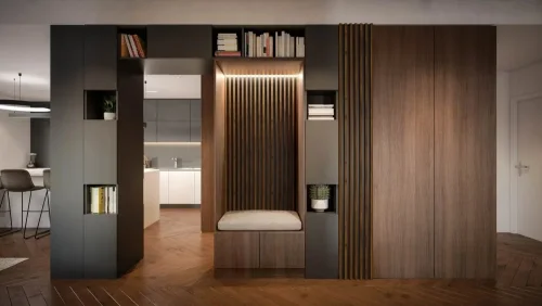 Realizace dřevěných lamel LINEA COMFORT 5 – Ořechová lamela v moderním bytě