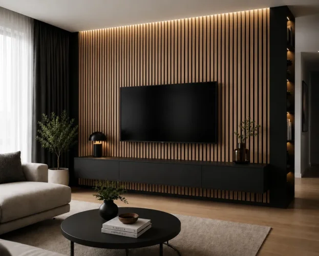 Drevené lamely ŠIROKÉ na ČIERNEJ doske (MDF), DUBOVÁ DÝHA, 46 x 300 x 2750 mm (0,825 m2) - Povrchová úprava: Brúsený - olejovaný