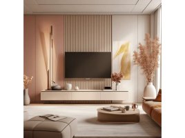Realizace nástěnných lamelových panelů – Béžové pozadí za televizí