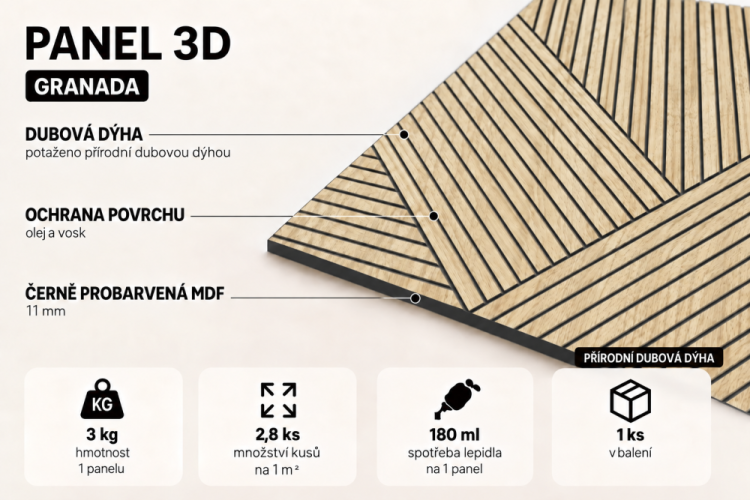 Lamelový panel GRANADA - DUBOVÁ DÝHA, ČERNÝ podklad MDF, 600 x 600 x 11 mm
