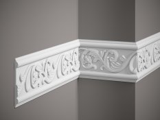 VZOREK - Nástěnná lišta – S ORNAMENTEM, tvrdý plast ProFoam® (polyuretan), základní bílý nátěr (přetíratelný), 128 x 14 x 100 mm
