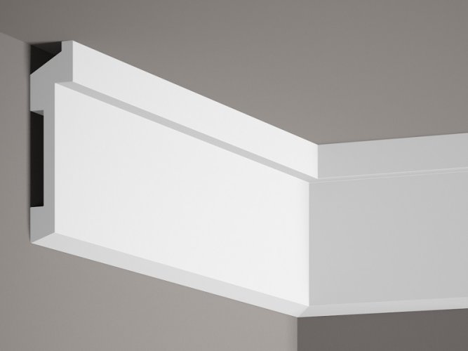 Stropná lišta – HLADKÁ, tvrdý plast PolyForce (HD Polymér), základný biely náter (pretierateľný), 110 x 27 x 2000 mm