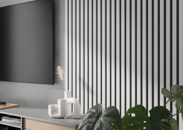 Stěnové obkladové panely do interiéru - obývacího pokoje vedle televize