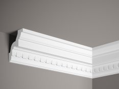 Stropná lišta – S ORNAMENTOM, tvrdý materiál ProFoam (Polyuretán), základný biely náter (pretierateľný), 86 x 82 x 2000 mm