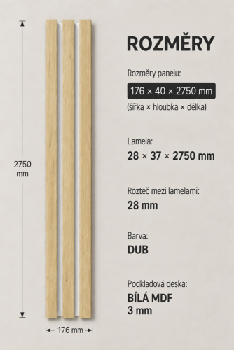 LINEA 3 dřevěné lamely na desce - dub | bílá, 2750 x 176 x 40 mm