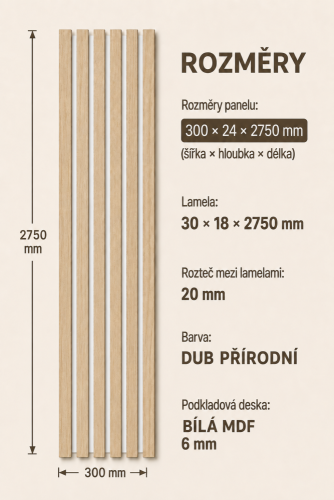 Dřevěné lamely ÚZKÉ na BÍLÉ desce (MDF), DUB PŘÍRODNÍ, FINISH FOLIE, 24 x 300 x 2750 mm (0,825 m2)