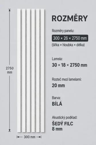 Akustický panel - BIELY, MDF + FÓLIA FINISH, SIVÝ akustický podklad FILC, 300 x 2750 mm