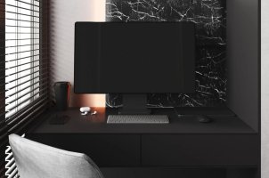 Realizace čalouněných panelů PRINT – Imitace mramoru za monitorem