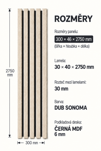 Dřevěné lamely ŠIROKÉ na ČERNÉ desce (MDF), DUB SONOMA, 46 x 300 x 2750 mm (0,825 m2)