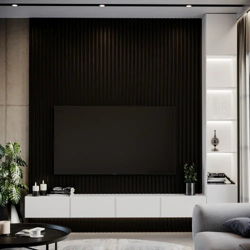 Dřevěné lamely ŠIROKÉ na ČERNÉ desce (MDF), ČERNÝ DUB, 46 x 300 x 2750 mm (0,825 m2)