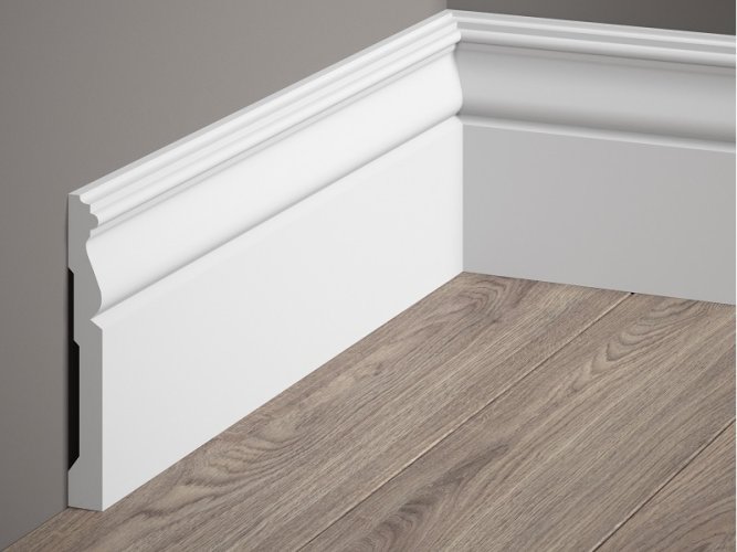 Podlahová lišta – PREMIUM, tvrdý plast PolyForce (HD Polymer), kvalitní bílý lak (finální povrch), 120 x 15 x 2000 mm