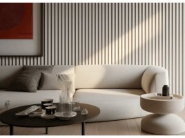 Realizace nástěnných lamelových panelů – Originální duny za sedací soupravou