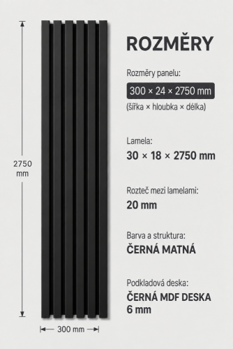 Dřevěné lamely ÚZKÉ na ČERNÉ desce (MDF), ČERNÁ MATNÁ, FINISH FOLIE, 24 x 300 x 2750 mm (0,825 m2)
