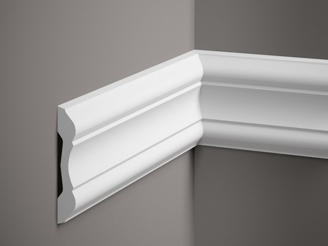 Nástěnná lišta – HLADKÁ, tvrdý plast ProFoam® (polyuretan), základní bílý nátěr (přetíratelný), 102 x 24 x 2000 mm