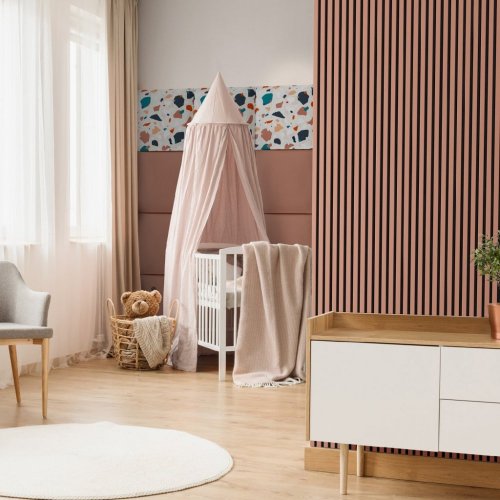 Akustický panel ACOUSTIC LINE - terracote | černá, 2650 x 245 x 22 mm, lamely MDF + FINISH FOLIE, akustický podklad FILC
