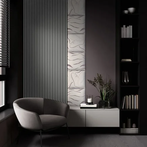 Akustický panel ACOUSTIC LINE - glacier grey | čierna, 2650 x 245 x 22 mm, lamely MDF + FINISH FOLIE, akustický podklad FILC