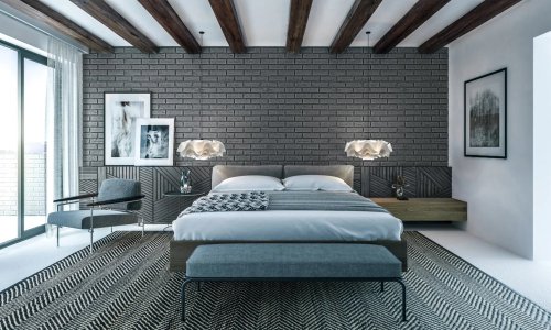 Realizace betonového obkladu BOSTON 1 – Šedé cihly v moderní ložnici