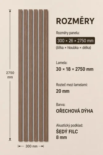 Akustický panel - OŘECH DÝHA, MDF, ŠEDÝ akustický podklad FILC, 300 x 2750 mm - Povrchová úprava dýhy: Olejovaná