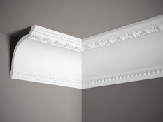 VZOREK - Stropní lišta – S ORNAMENTEM, tvrdý materiál ProFoam (Polyuretan), základní bílý nátěr (přetíratelný), 110 x 135 x 100 mm