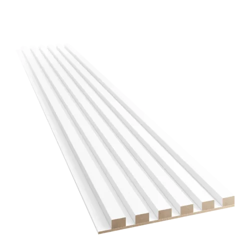 Dřevěné lamely ÚZKÉ na BÍLÉ desce (MDF), BÍLÁ MATNÁ, FINISH FOLIE, 24 x 300 x 2750 mm (0,825 m2)