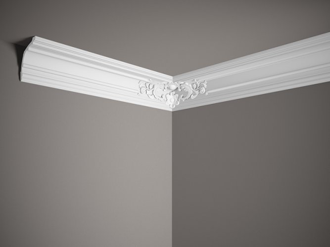 Stropní lišta – S ORNAMENTEM, tvrdý materiál ProFoam (Polyuretan), základní bílý nátěr (přetíratelný), 171 x 178 x 2000 mm