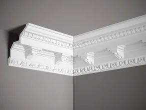 Stropná lišta – S ORNAMENTOM, tvrdý materiál ProFoam (Polyuretán), základný biely náter (pretierateľný), 133 x 137 x 2000 mm