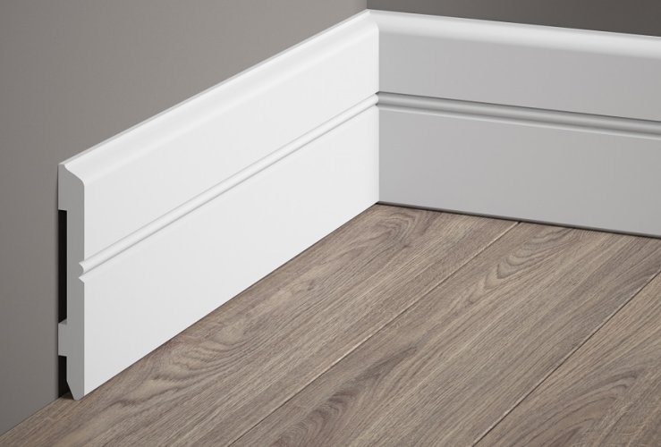 Podlahová lišta – PREMIUM, tvrdý plast PolyForce (HD Polymer), kvalitní bílý lak (finální povrch), 107 x 11 x 2000 mm