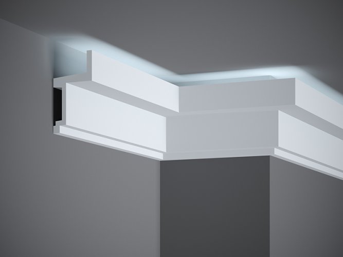 Stropná LED osvetľovacia lišta, NEPRIAME OSVETLENIE, tvrdý plast ProFoam® (polyuretán), základný biely náter (pretierateľný), 110 x 60 x 2000 mm