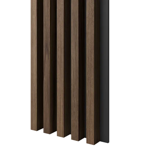 Dřevěné lamely ŠIROKÉ na ČERNÉ desce (MDF), KLASICKÝ OŘECH, 46 x 300 x 2750 mm (0,825 m2)