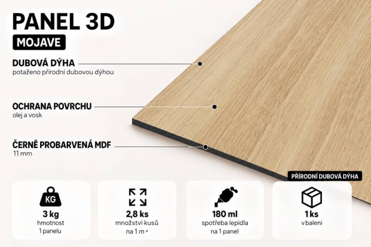 Lamelový panel MOJAVE - DUBOVÁ DÝHA, ČERNÝ podklad MDF, 600 x 600 x 11 mm