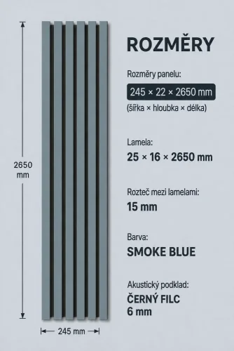 Akustický panel ACOUSTIC LINE - smoke blue | čierny, 2650 x 245 x 22 mm, lamely MDF + FINISH FOLIE, akustický podklad FILC