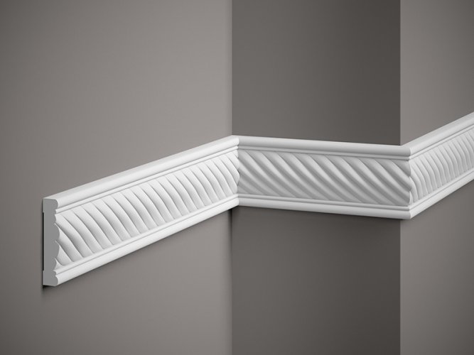 VZORKA - Nástenná lišta – S ORNAMENTOM, tvrdý plast ProFoam® (polyuretán), základný biely náter (pretierateľný), 75 x 15 x 100 mm