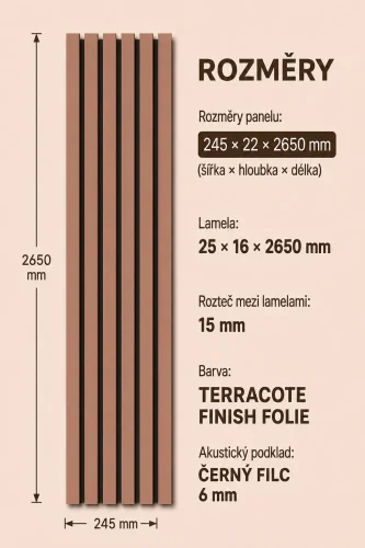 Akustický panel ACOUSTIC LINE - terracote | čierna, 2650 x 245 x 22 mm, lamely MDF + FINISH FILE, akustický podklad FILC