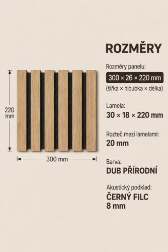 ATYPICKÝ PRODUKT - Akustický panel - DUB PRÍRODNÝ, MDF + FÓLIA FINISH 3D, ČIERNY akustický podklad FILC, 300 x 220 mm
