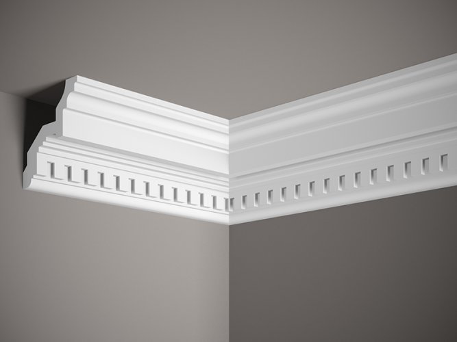 VZORKA - Stropná lišta – S ORNAMENTOM, tvrdý materiál ProFoam (Polyuretán), základný biely náter (pretierateľný), 107 x 120 x 100 mm