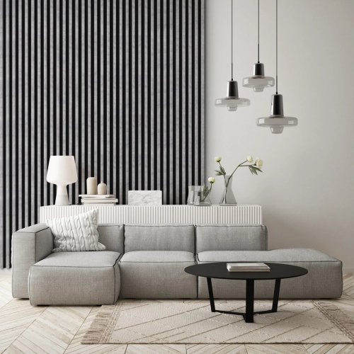 Realizace dřevěných lamel LINEA COMFORT  5 ve stylovém obývacím pokoji