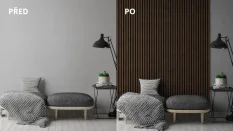 Dřevěné lamely ÚZKÉ na ČERNÉ desce (MDF), OŘECH, FINISH FOLIE, 24 x 300 x 2750 mm (0,825 m2) Dřevěné lamely ÚZKÉ na ČERNÉ desce (MDF), OŘECH, FINISH FOLIE, 24 x 300 x 2750 mm (0,825 m2)