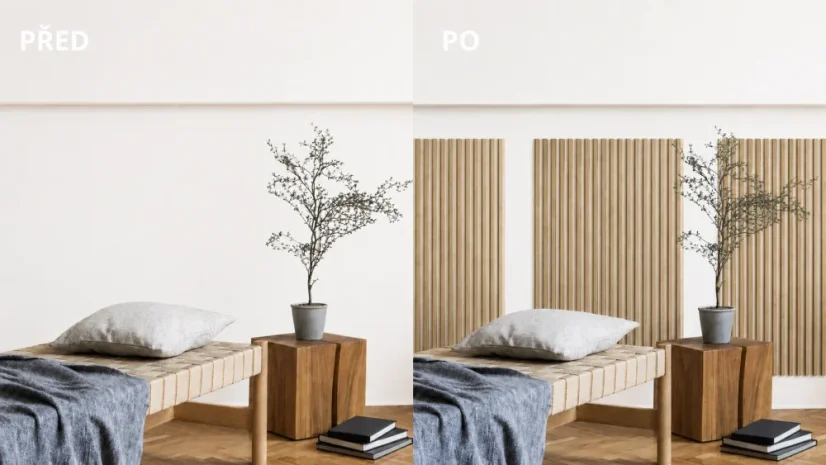 Dřevěné lamely ÚZKÉ na BÍLÉ desce (MDF), EVROPSKÝ DUB, CPL PREMIUM, 24 x 300 x 2750 mm (0,825 m2)