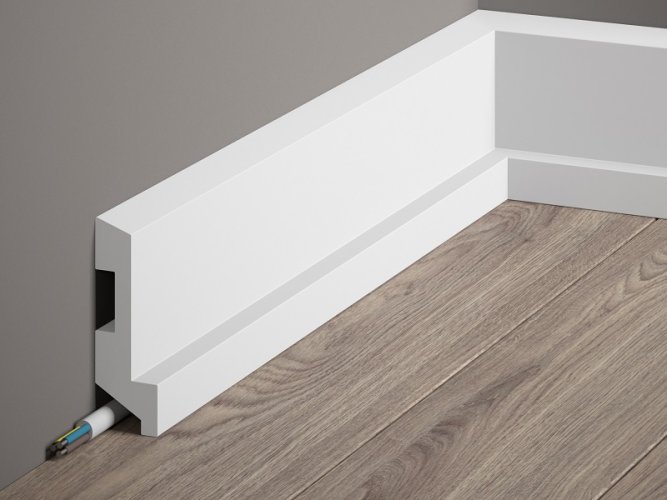 Podlahová lišta – HLADKÁ, tvrdý plast PolyForce (HD Polymer), základní bílý nátěr (přetíratelný), 80 x 27 x 2000 mm