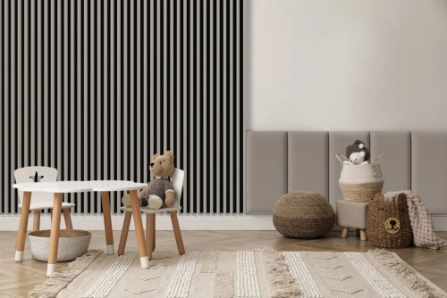Realizace dřevěných lamel LINEA SLIM 3 – Béžová dekorace v dětském pokoji