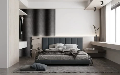Realizace dřevěných lamel LINEA COMFORT 5 – Šedé lamely v ložnici