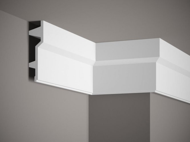 Stropní lišta – HLADKÁ, tvrdý plast PolyForce (HD Polymer), základní bílý nátěr (přetíratelný), 150 x 40 x 2000 mm