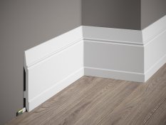 VZOREK - Podlahová lišta – HLADKÁ, tvrdý plast PolyForce (HD Polymer), základní bílý nátěr (přetíratelný), 144 x 15 x 100 mm