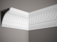 VZOREK - Stropní lišta – S ORNAMENTEM, tvrdý materiál ProFoam (Polyuretan), základní bílý nátěr (přetíratelný), 169 x 141 x 100 mm
