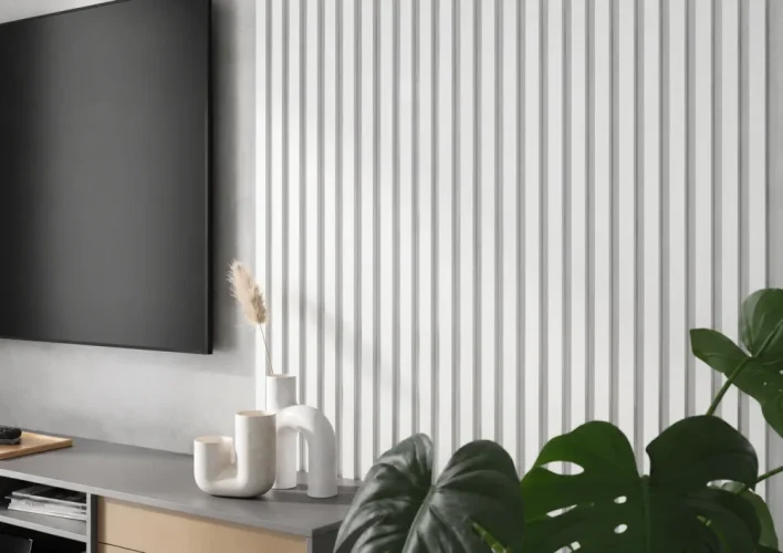 Akustický panel - BIELY, MDF + FÓLIA FINISH, SIVÝ akustický podklad FILC, 300 x 2750 mm