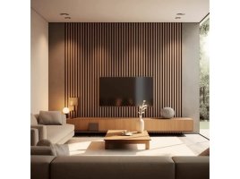 Realizace lamelových panelů – Šedý dekor v obývacím pokoji